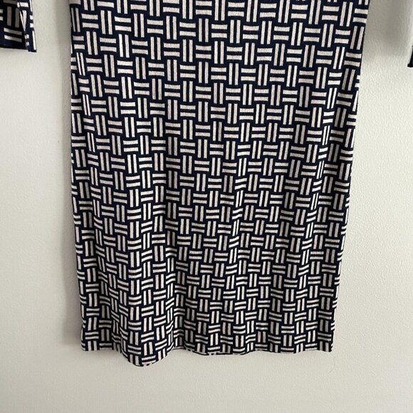 Boden Women 6R Navy Blue/Ivory Criss-Cross Pattern 3/4 Sleeve Knit Sheath Dress - Picture 2 of 9